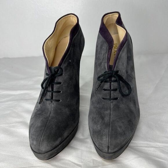 Prada Women's Gray Suede Lace-Up Booties Size 37.5 Italy High Heel Platform - Picture 2 of 10